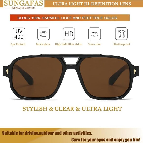 Retro Square Aviator Sunglasses Women Men Vintage 70s Fashion UV Protection - Picture 3 of 6